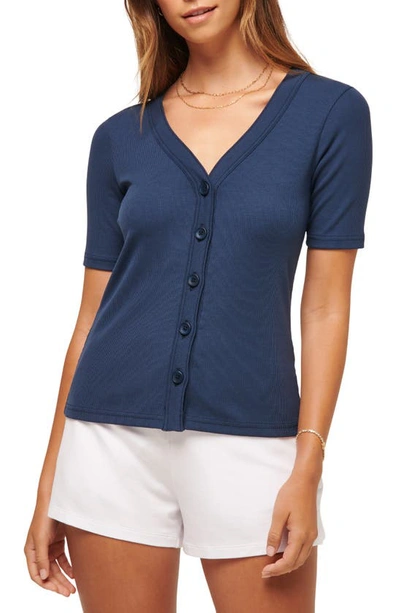 Shop Travis Mathew Out Late Rib Short Sleeve Button-up Knit Top In Naval Academy