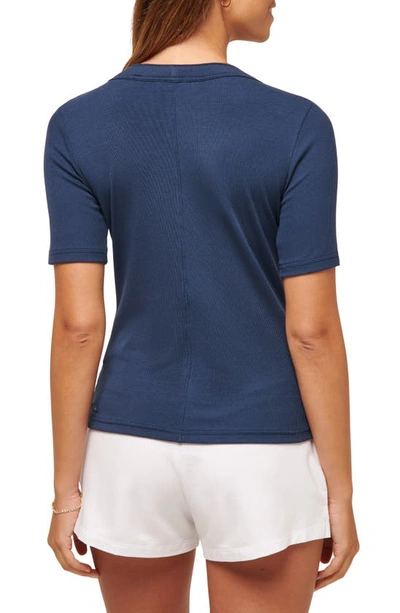 Shop Travis Mathew Out Late Rib Short Sleeve Button-up Knit Top In Naval Academy