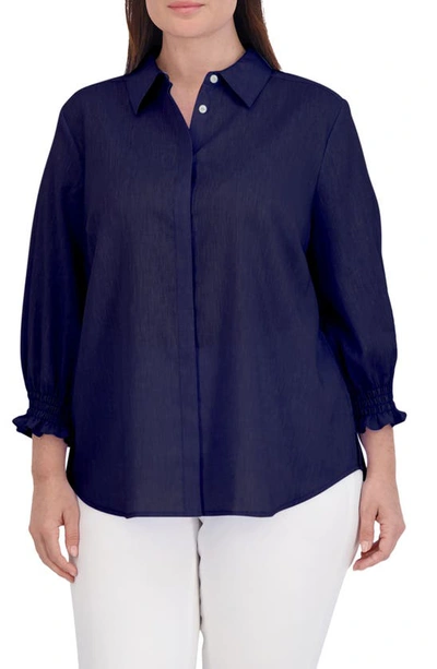 Shop Foxcroft Olivia Bracelet Sleeve Hidden Placket Linen Blend Top In Navy