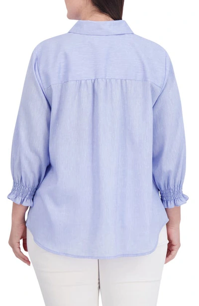 Shop Foxcroft Olivia Bracelet Sleeve Hidden Placket Linen Blend Top In Powder Blue