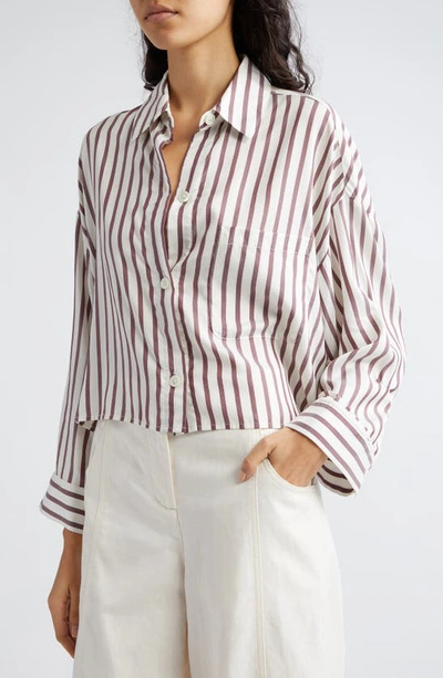 Shop Twp Next Ex Stripe Crop Silk Shirt In White/ Brown