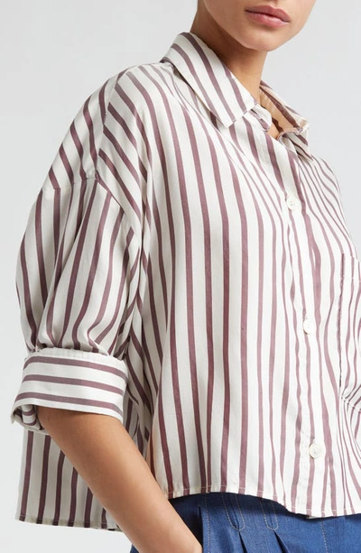 Shop Twp Next Ex Stripe Crop Silk Shirt In White/ Brown