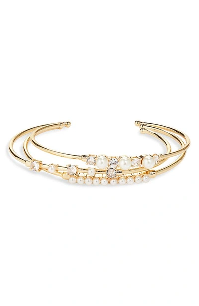 Shop Nordstrom Imitation Pearl & Crystal Open Cuff Stack Bracelet In Clear- White- Gold