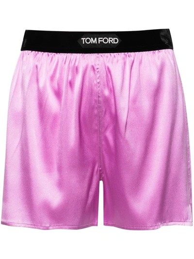 Shop Tom Ford Satin Boxers With Logo Patch In Pink & Purple