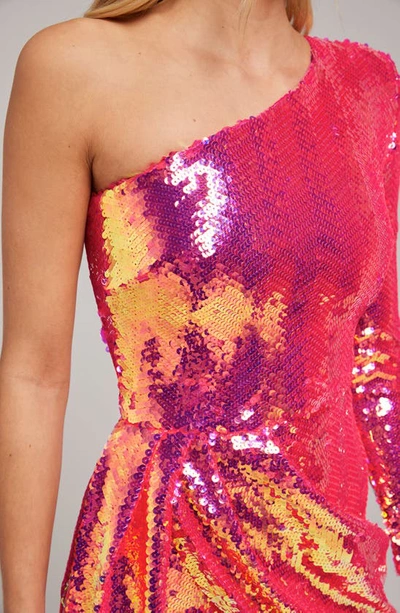 Shop Nadine Merabi Celina Sequin Drape One-shoulder Minidress In Hot Pink