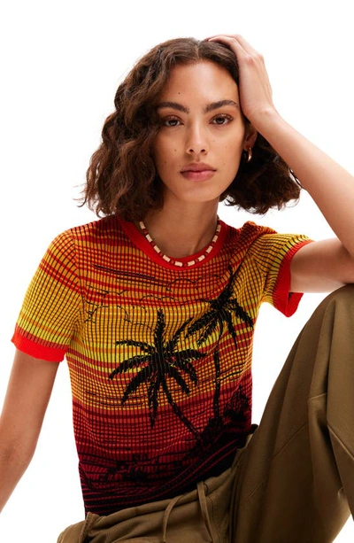 Shop Desigual Dubai Palm Tree Stripe Short Sleeve Sweater In Orange