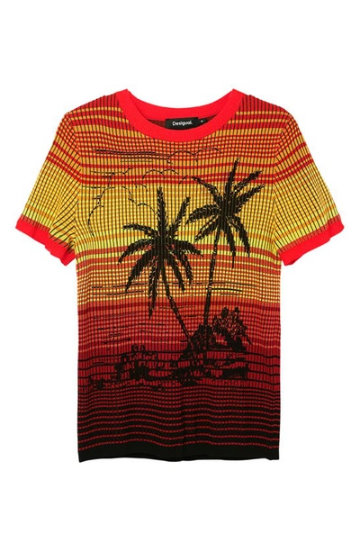 Shop Desigual Dubai Palm Tree Stripe Short Sleeve Sweater In Orange