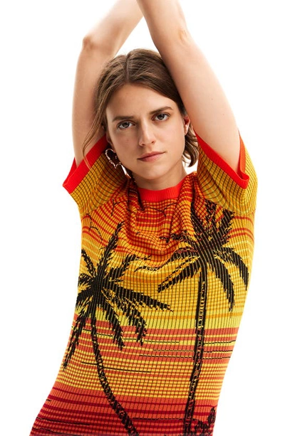 Shop Desigual Palm Tree Print Short Knit Dress In Red