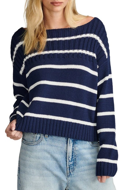 Shop Lucky Brand Stripe Cotton Crop Sweater In Tofu Cadet Navy Stripe