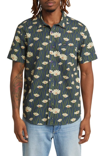Shop Rvca Rvgazi Floral Short Sleeve Button-up Shirt In Moody Blue