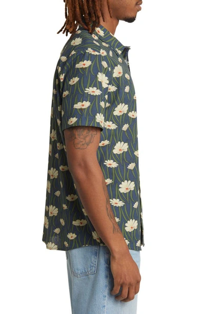 Shop Rvca Rvgazi Floral Short Sleeve Button-up Shirt In Moody Blue