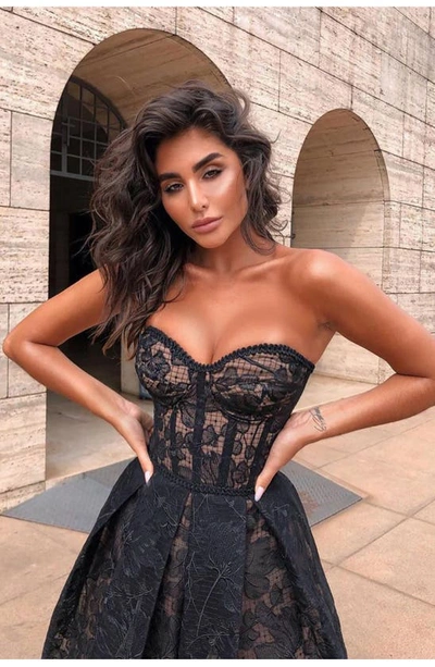 Shop Nadine Merabi Olivia Strapless Lace Dress In Black