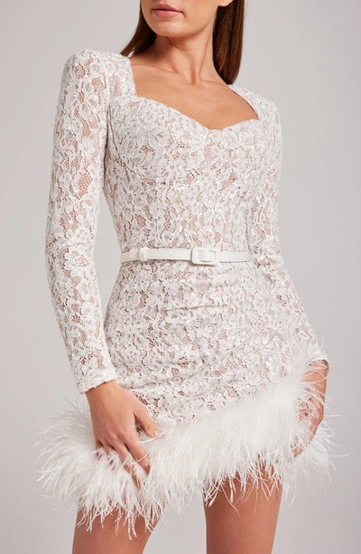 Shop Nadine Merabi Carly Sequin Lace Feather Trim Long Sleeve Minidress In White