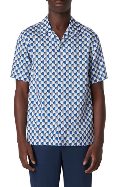 Shop Bugatchi Jackson Shaped Fit Geo Print Short Sleeve Button-up Camp Shirt In Classic Blue