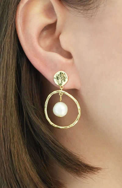 Shop Argento Vivo Sterling Silver Freshwater Pearl Hammered Hoop Earrings In Gold