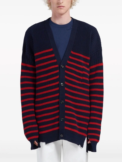 Marni Distressed Striped Knit Cardigan In Blue