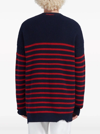 Marni Distressed Striped Knit Cardigan In Blue