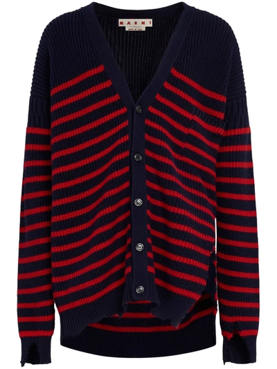 Marni Distressed Striped Knit Cardigan In Blue