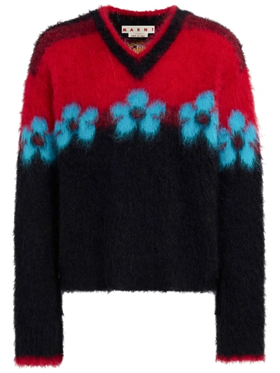Shop Marni Men V-neck Floral Pattern Sweater In Fln99 Black