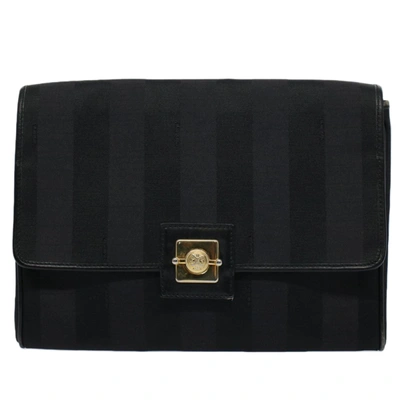 Shop Fendi Pequin Black Canvas Clutch Bag ()