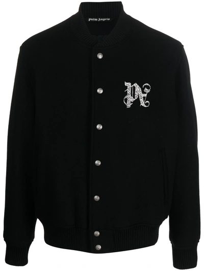Shop Palm Angels Men Monogram Varsity Jacket In 1003 Black Off White