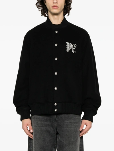 Shop Palm Angels Men Monogram Varsity Jacket In 1003 Black Off White