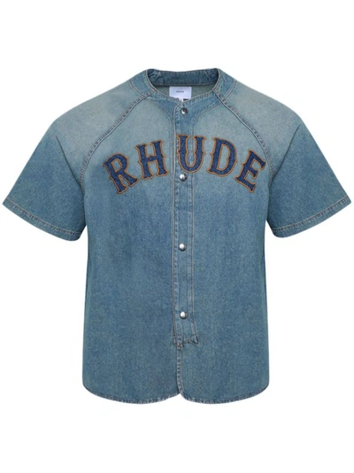 Shop Rhude Men Baseball Denim Shirt In 1305 Dark Indig