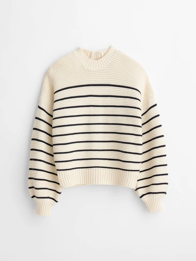 Shop Alex Mill Button-back Crewneck Sweater In Stripe In Ivory/dark Navy