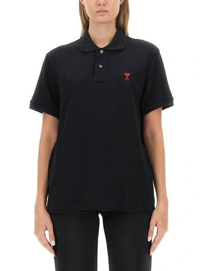 Ami Alexandre Mattiussi Ami Paris Ami Paris De Coeur Cotton Plo Shirt In Black