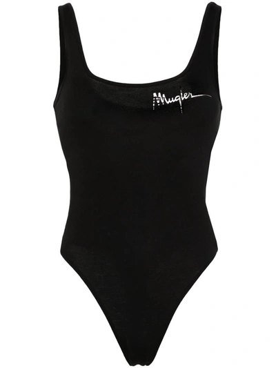 Shop Mugler Bodysuit With Exclusive Logo Print In Black