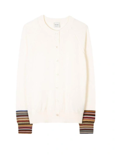 Shop Paul Smith Cardigan With 'signature Stripe' Cuffs Ivory