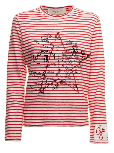 Shop Golden Goose White And Red Striped Long Sleeved T-shirt With Print  Woman