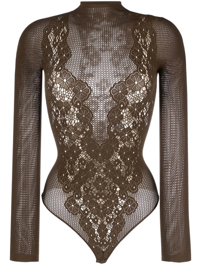 Shop Wolford Bodysuit With Lace In Brown