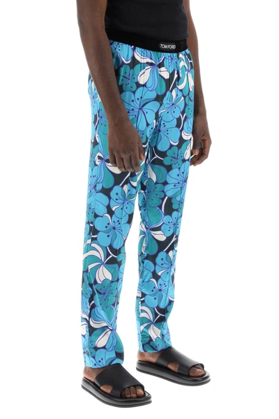 Shop Tom Ford Pajama Pants In Floral Silk In Blue, Light Blue