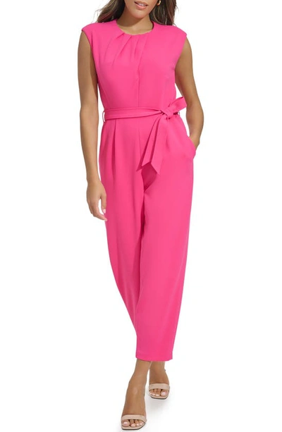Shop Calvin Klein Pleated Neck Sleeveless Tie Waist Jumpsuit In Hibiscus