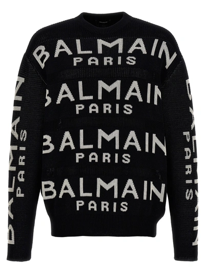 Shop Balmain All-over Logo Sweater Sweater, Cardigans White/black