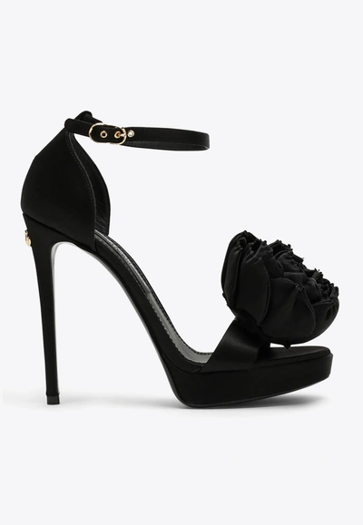 Shop Dolce & Gabbana 130 Floral-applique Satin Platform Sandals In Black