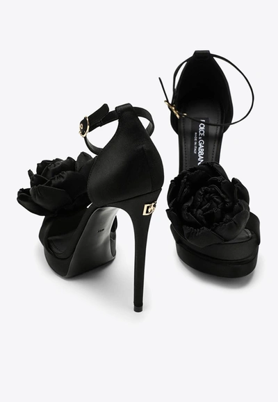 Shop Dolce & Gabbana 130 Floral-applique Satin Platform Sandals In Black