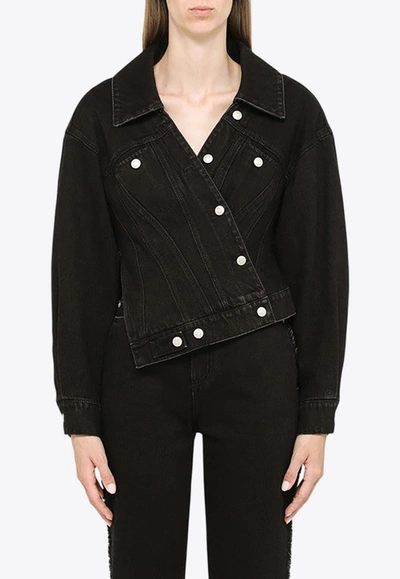 Shop Alexander Mcqueen Asymmetric Cropped Denim Jacket In Black