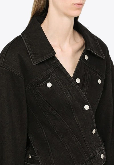 Shop Alexander Mcqueen Asymmetric Cropped Denim Jacket In Black