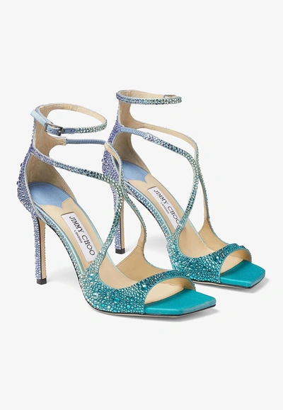 Jimmy Choo Azia 95 Sandal In Blue Peacock With Crystals In Multicolor