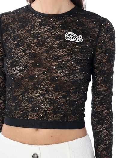Alessandra Rich Stretch Lace Top W/ Hotfix In Black