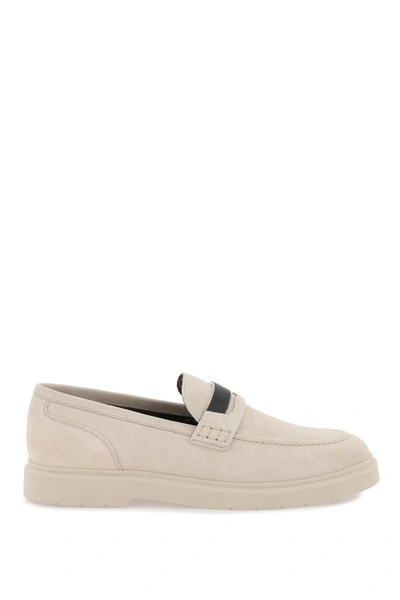 Shop Brunello Cucinelli Suede Penny Loafer With Jewellery In Ivory