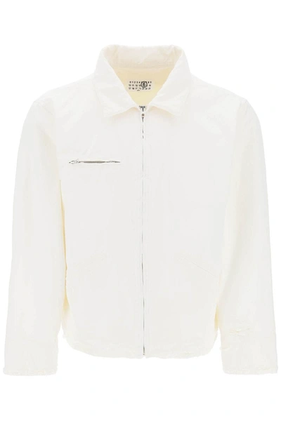 Shop Mm6 Maison Margiela Distressed Cotton Canvas Jacket In White