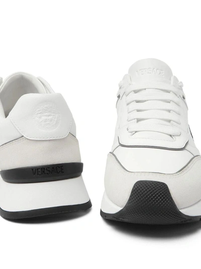 Shop Versace Sneaker Calf Leather+suede+ Embroidery Shoes In White