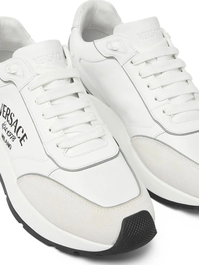 Shop Versace Sneaker Calf Leather+suede+ Embroidery Shoes In White