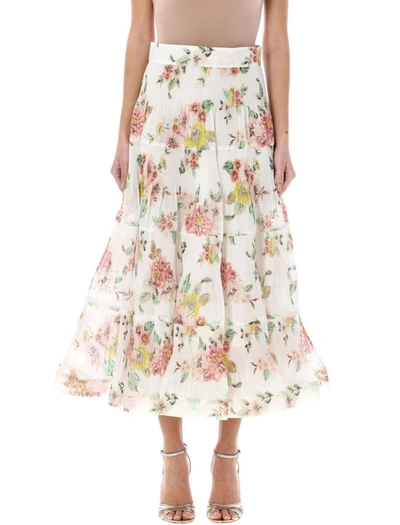Shop Zimmermann Pleated Midi Skirt In Ivory Coral Floral