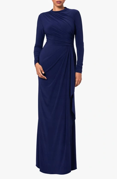 Shop Betsy & Adam Ruffle Long Sleeve Sheath Gown In Navy