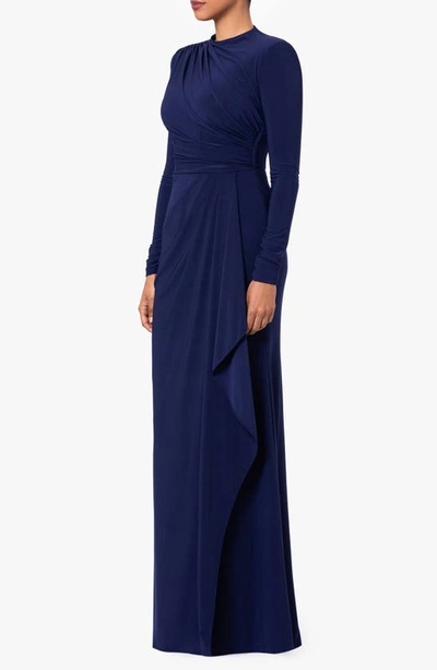 Betsy & Adam Ruffle Long Sleeve Sheath Gown In Navy