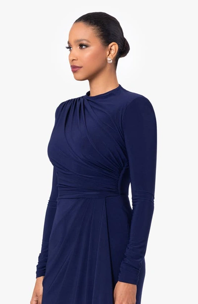 Betsy & Adam Ruffle Long Sleeve Sheath Gown In Navy